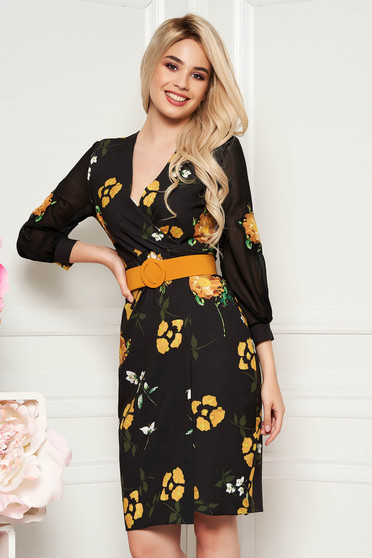 Fekete PrettyGirl elegáns midi ceruza ruha enyhén rugalmas szövet öv típusú kiegészítővel