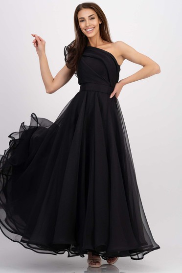 Alkalmi ruhák fekete hosszú, Fekete Ana Radu luxus egy vállas deréktól bővülő szabású ruha béléssel övvel ellátva - StarShinerS.hu