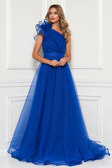 Gólyabálra ruhák, Kék Ana Radu luxus egy vállas deréktól bővülő szabású ruha béléssel övvel ellátva - StarShinerS.hu