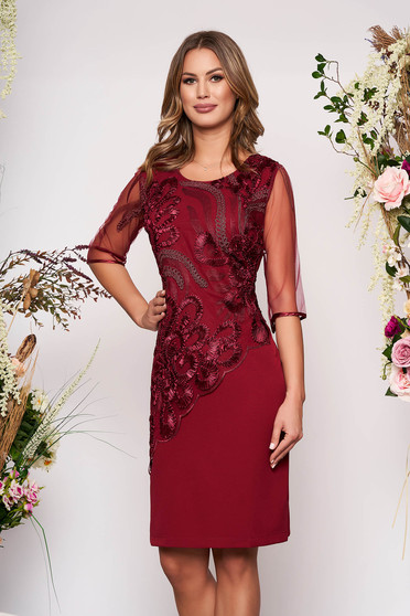 Burgundy elegáns egyenes midi ruha muszlin ujjakkal csipkés átfedéssel