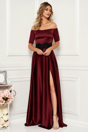Burgundy elegáns harang hosszú estélyi ruha szaténból