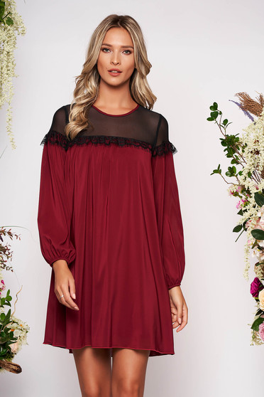 Burgundy StarShinerS elegáns rövid ruha szellős anyagból hosszú gumírozott ujjakkal