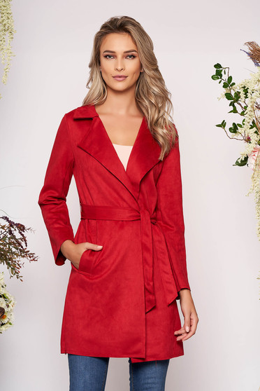 Burgundy casual műbőr egyenes zsebes ballonkabát eltávolítható övvel