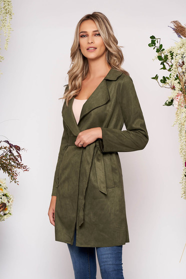 Khaki zöld casual műbőr egyenes zsebes ballonkabát eltávolítható övvel