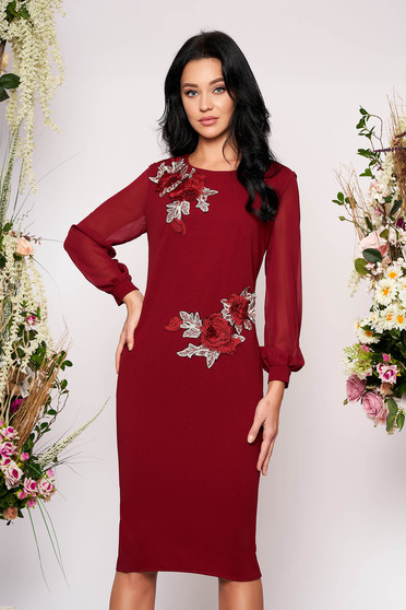Burgundy elegáns midi ceruza ruha béléssel scuba anyagból és muszlinból