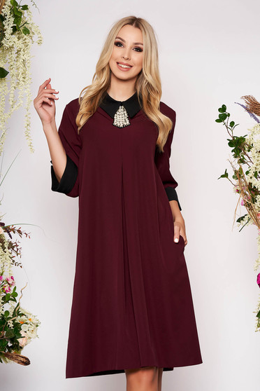 Burgundy elegáns midi zsebes galléros harang ruha háromnegyedes ujjakkal