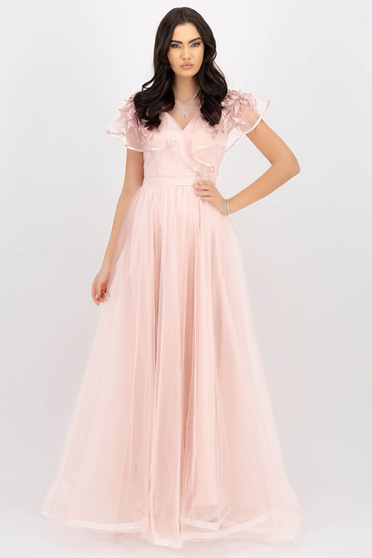 Estélyi ruhák  pink,  méret: L, Világos rózsaszínű StarShinerS alkalmi hosszú ruha tüllből v-dekoltázzsal fodrokkal a dekoltázs vonalánál - StarShinerS.hu