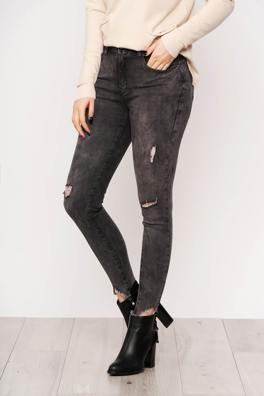 Sötétszürke casual skinny szakadt farmer enyhén elasztikus pamutból