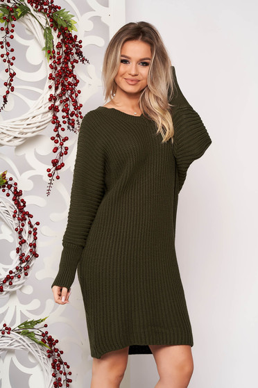 Khaki zöld casual midi egyenes ruha kötött anyagból v-dekoltázzsal hosszú ujjakkal