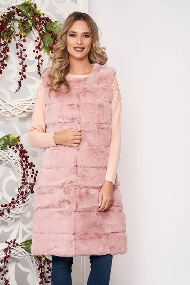 Púder rózsaszínű elegáns ujjatlan műszőrme zsebes mellény béléssel