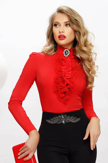 Office ingek, Piros elegáns szűk szabású rövid pamutból készült fodros női ing bross kiegészítővel magas gallérral - StarShinerS.hu