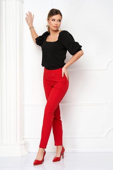 Elegáns nadrág, Piros hosszú magas derekú kónikus nadrág enyhén rugalmas szövetből - StarShinerS - StarShinerS.hu