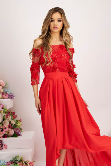 Esküvői ruhák, Piros aszimetrikus harang ruha muszlin anyagból és csipkés díszitéssel - StarShinerS - StarShinerS.hu