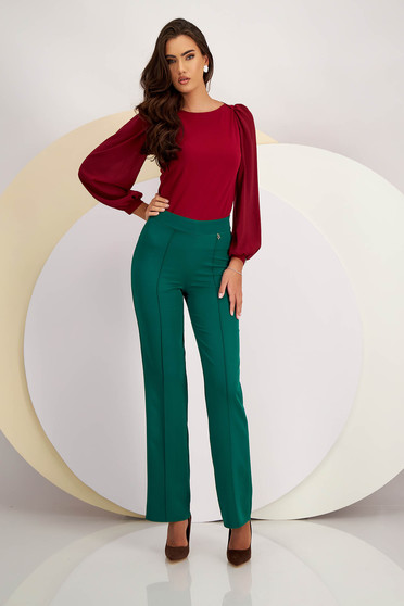 Elegáns nadrág, Zöld hosszú magas derekú bővülő nadrág enyhén rugalmas szövetből - StarShinerS - StarShinerS.hu