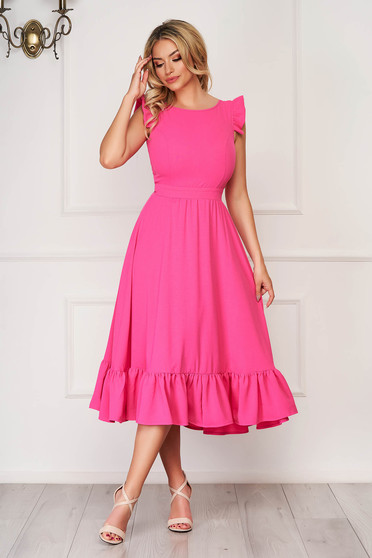 Vékony anyagú ruhák, Pink midi StarShinerS harang ruha kivágott hátrésszel lenvászon típusú anyagból - StarShinerS.hu