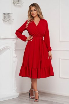 StarShinerS piros elegáns midi ruha gumírozott derekú övvel ellátva