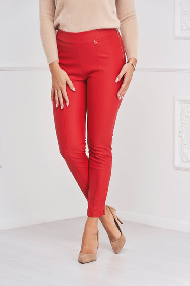 Bőrutánzat nadrágok, StarShinerS piros műbőr casual szűk szabású magas derekú oldalt cipzárral zárható nadrág - StarShinerS.hu