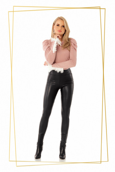 Műbőr leggings, Fekete casual magas derekú jégernadrág műbőrből béléssel szűk szabással - StarShinerS.hu