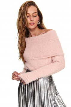 Világos rózsaszínű pulóver casual bolyhos anyag hosszú ujjakkal