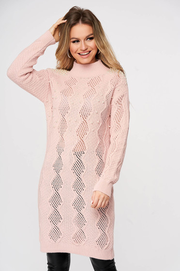 Casual pulóverek, Világos rózsaszínű bő szabású hosszú kötött pulóver gyöngy díszítéssel - StarShinerS.hu