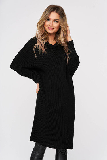 Hétköznapi ruhák,  méret: XL, Fekete casual bő ujjú csíkozott kötött anyagú ruha 3/4-es ujjakkal - StarShinerS.hu