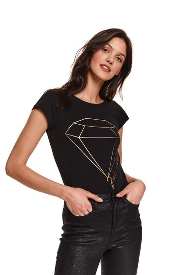 Lezser trikók, Fekete póló pamutból készült nyomtatott mintával pólónyakkal bő szabású - StarShinerS.hu
