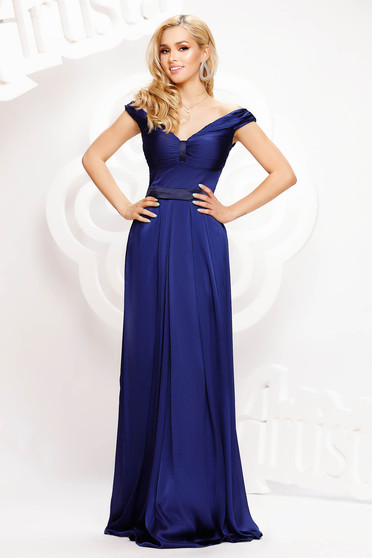 Elegáns ruhák hosszú, Kék alkalmi hosszú harang ruha szaténból - StarShinerS.hu