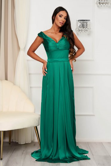 Szatén ruhák, méret: S, Zöld alkalmi hosszú harang ruha szaténból - StarShinerS.hu