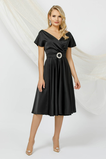 Taft ruhák, Fekete harang midi ruha szaténból, hátul megköthető övvel - StarShinerS.hu