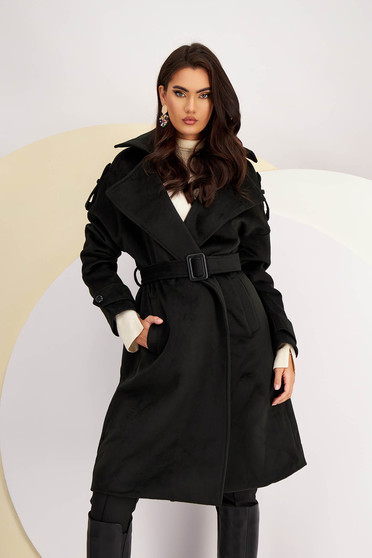 Hosszú kabátok, Fekete casual bő szabású hosszú kabát vastag szövetből eltávolítható övvel - StarShinerS.hu