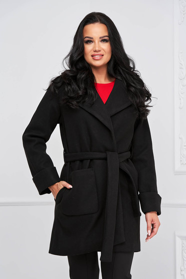 Casual kabátok, Fekete irodai egyenes szabású kabát vastag finom tapintású anyagból eltávolítható övvel - StarShinerS.hu