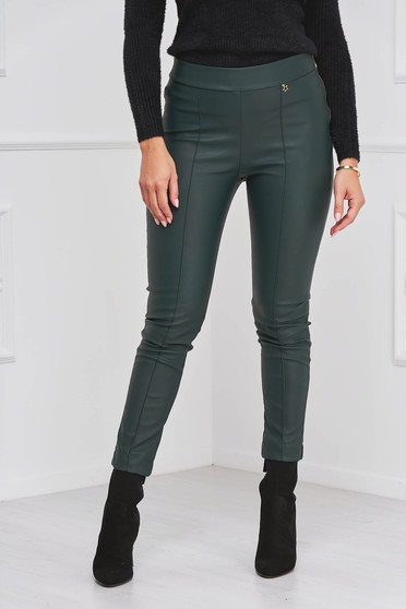 Magas derekú nadrágok, StarShinerS sötétzöld műbőr casual szűk szabású magas derekú oldalt cipzárral zárható nadrág - StarShinerS.hu