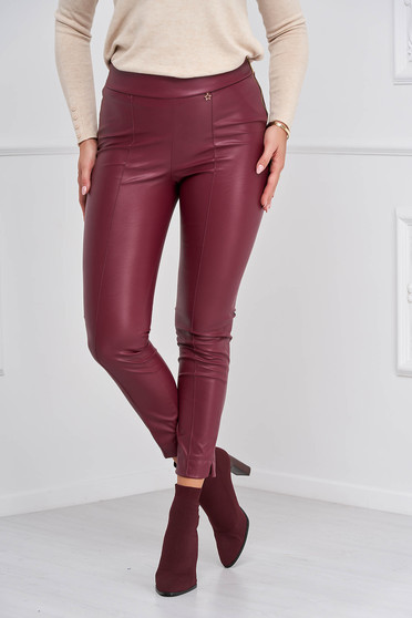 Bőrutánzat nadrágok, StarShinerS burgundy műbőr casual szűk szabású magas derekú oldalt cipzárral zárható nadrág - StarShinerS.hu