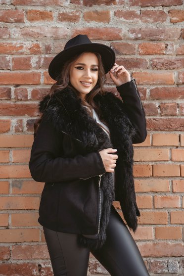 Női szőrme, Fekete szűkített rövid dzseki, szintetikus fordított bőr felsőrésszel és műszőrmével - StarShinerS.hu