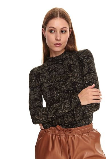 Testhezálló pulóverek, Fekete magasnyakú szűk szabású virágmintás pulóver rugalmas anyagból - StarShinerS.hu