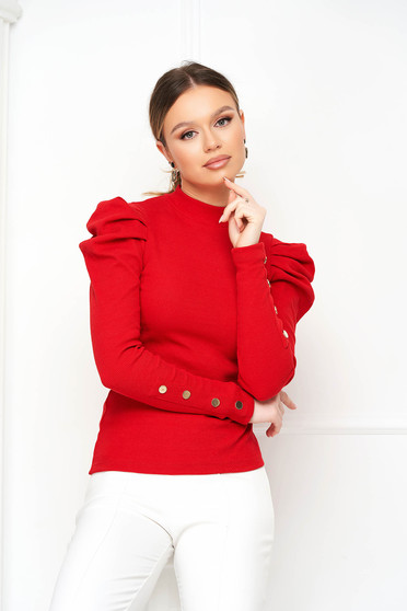 Casual pulóverek, Piros magas nyakú szűk szabású csíkozott anyagú, pamutból készült női blúz - StarShinerS.hu
