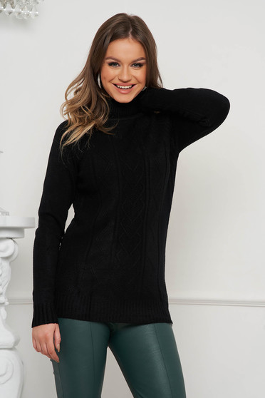 Női pulóverek, Fekete egyenes szabású magas nyakú kötött pulóver - StarShinerS.hu