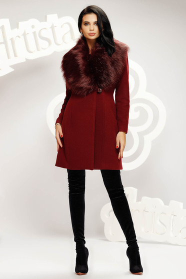 Elegáns kabátok, Burgundy elegáns szűkített szövetkabát műszőrme díszítéssel - StarShinerS.hu