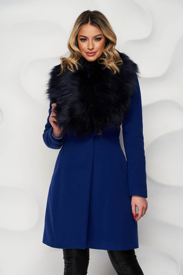 Elegáns kabátok, Kék elegáns szűkített szövetkabát műszőrme díszítéssel - StarShinerS.hu