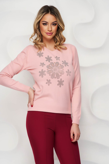 Casual pulóverek, Pink kötött női blúz strassz köves díszítéssel - StarShinerS.hu