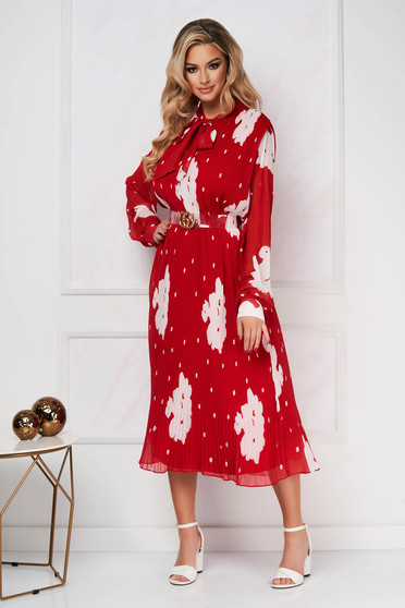Bő ruhák, Piros irodai bő szabású rakott, pliszírozott pöttyös muszlin ruha - StarShinerS.hu