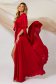 Hosszú piros alkalmi muszlin ruha harang alakú gumirozott derékrésszel kivágott ujjrész 2 - StarShinerS.hu