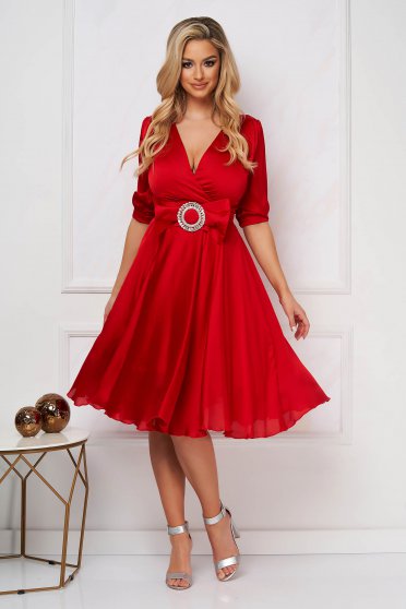 Elegáns ruhák, méret: M, Piros alkalmi midi harang ruha szaténból - StarShinerS.hu