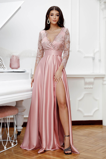 Násznagy ruhák, Púder rózsaszínű hosszú alkalmi harang ruha csipkés taft anyagból - StarShinerS.hu