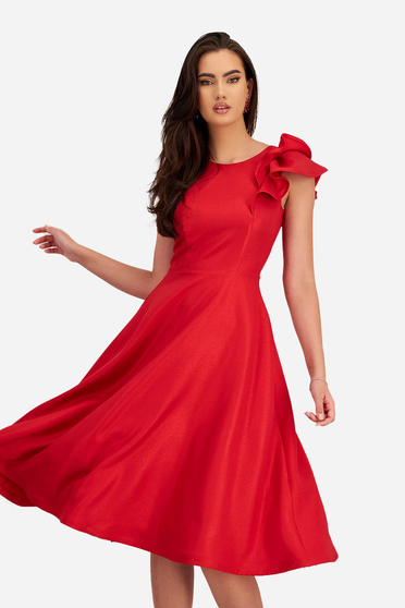 Nagy méretű ruhák piros harang alakú,  méret: M, Piros midi harang ruha rugalmas szövetből fodros ujjakkal - StarShinerS - StarShinerS.hu