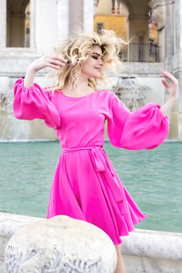 Nagy méretű ruhák pink, méret: M, Fukszia StarShinerS ruha bő ujjú harang alakú gumirozott derékrésszel rugalmas anyagból - StarShinerS.hu