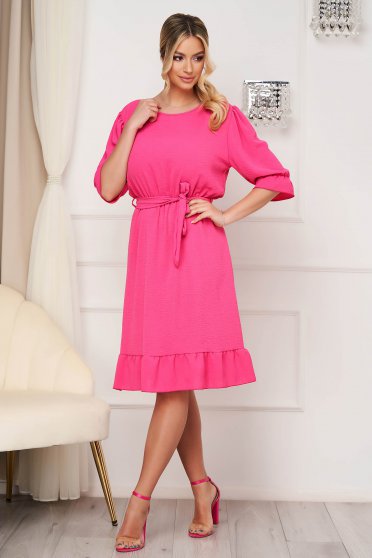 Fodros ruhák, Pink harang alakú ruha gumirozott derékrésszel könnyed gyűrött anyagból - StarShinerS.hu