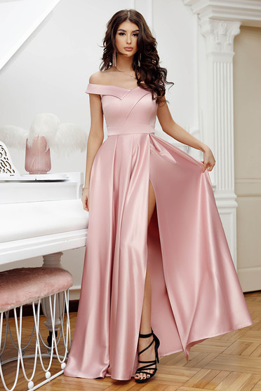 Elegáns ruhák hosszú, Púder rózsaszínű alkalmi harang ruha szaténból - StarShinerS.hu