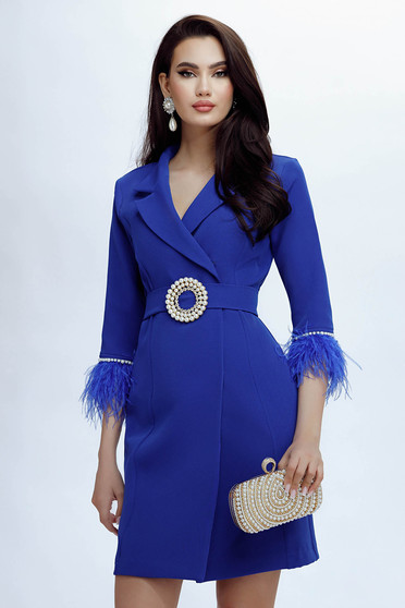 Blézer típusú ruhák, Kék ruha rövid rugalmas szövet tollas díszítés strassz köves díszítéssel zakó tipusú - StarShinerS.hu